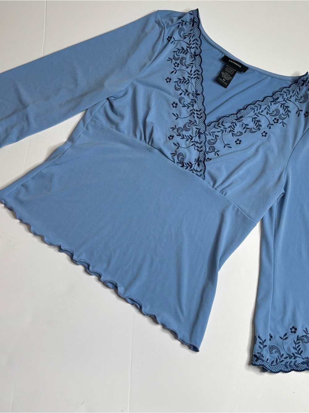 Vintage Y2K Express Blue Embroidered Babydoll Top M - Picture 5 of 11